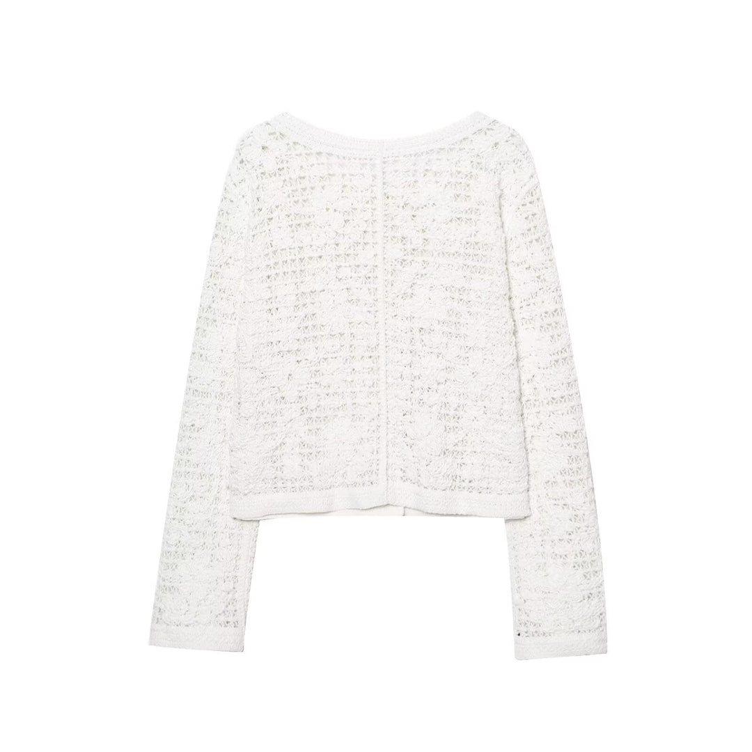 Damska Crocheted Krótka Kurtka w Boucle Wygląd z Ozdobne guziki i Naszywane kieszenie