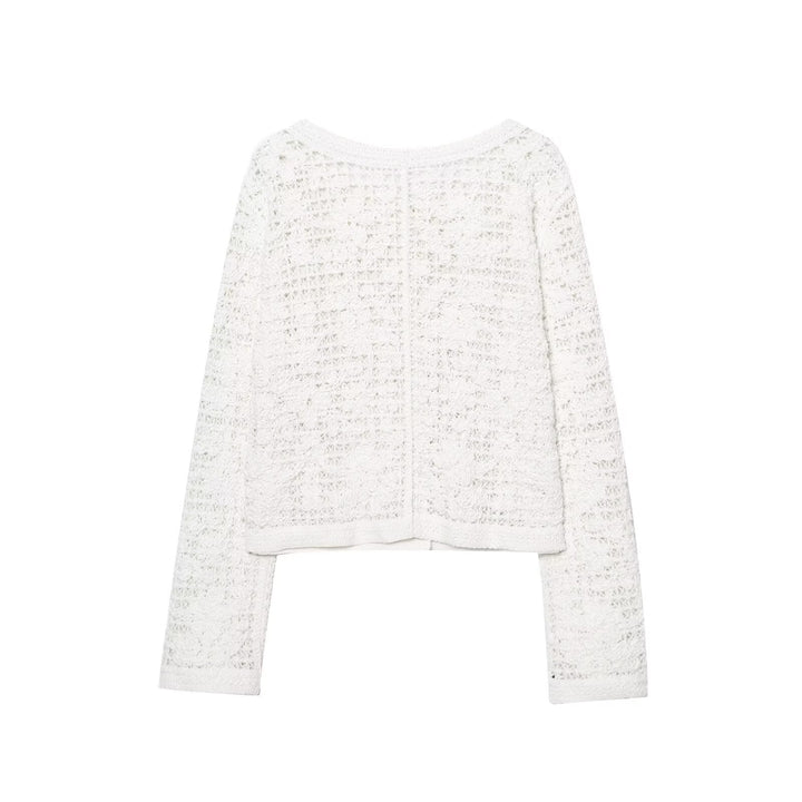 Damska Crocheted Krótka Kurtka w Boucle Wygląd z Ozdobne guziki i Naszywane kieszenie