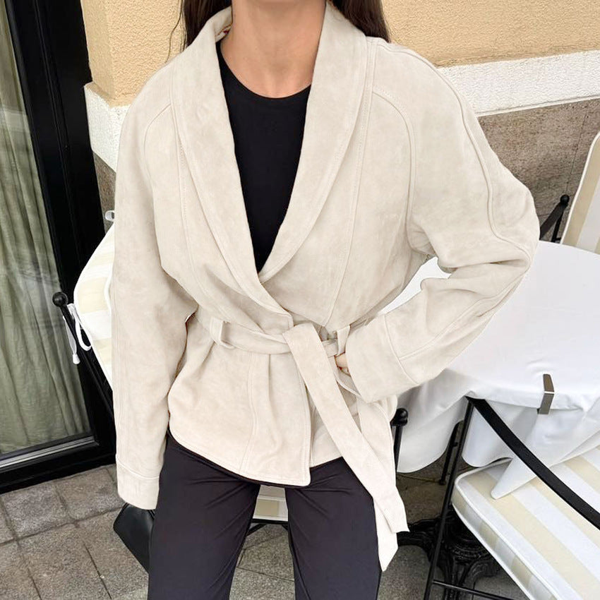 Damska welurowa Leather kurtka z Shawl kołnierzem i wiązanym paskiem Lumaza