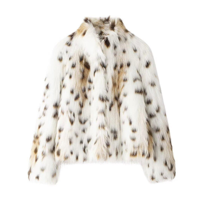 Damska krótka pikowana Faux Fur kurtka z Leopard Spot Pattern i ze stójką Lumaza