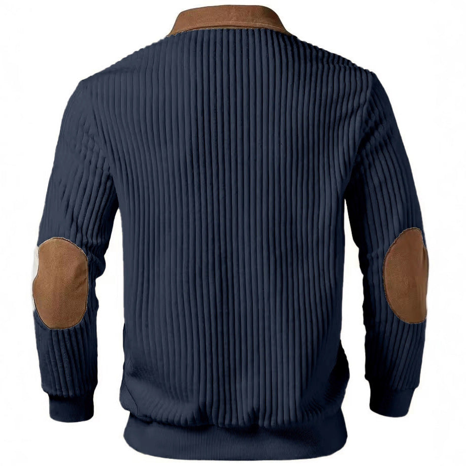 Męska prążkowany krótki zamek pulower z contrasting skóra appliqués na shoulders i elbows
