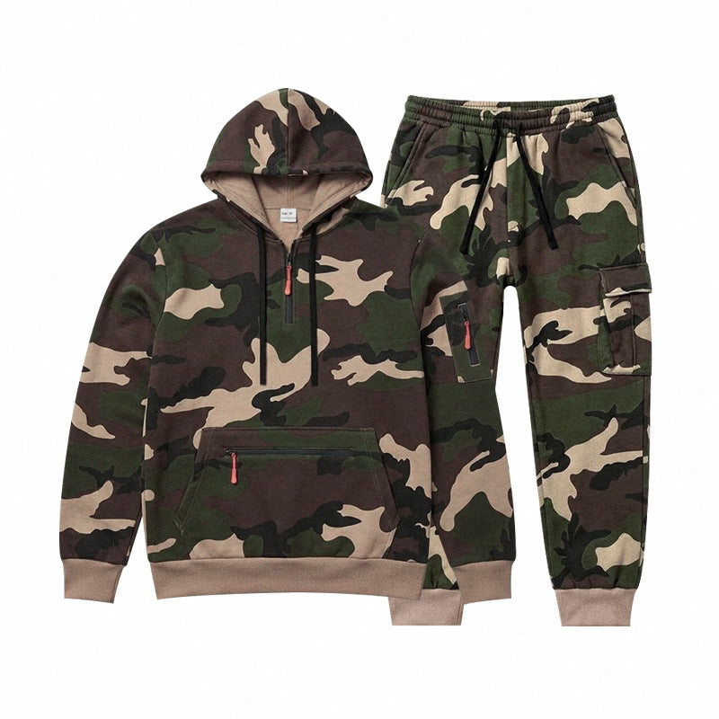 Męska Camouflage Bluza z kapturem Bluza i Jogging Spodnie Set z Cargo Kieszenie i Zippers