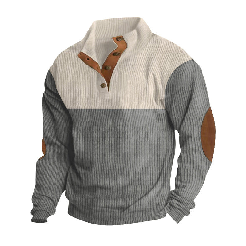 Męska prążkowany Henley dzianina pulower z stójka kontrastowy karczek i elbow patches