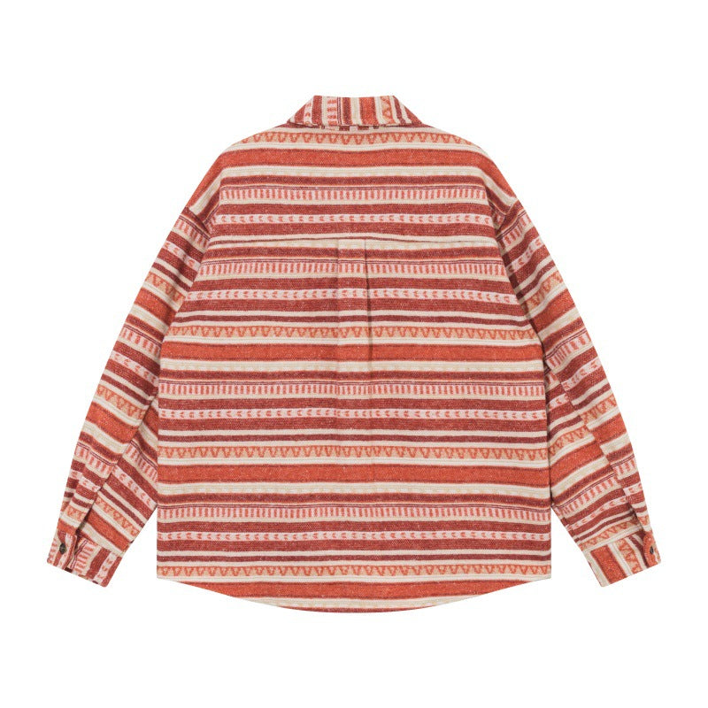 Unisex Oversize Dzianina Kurtka koszulowa w Ethnic Stripe Wzór z Kieszenie z klapkami