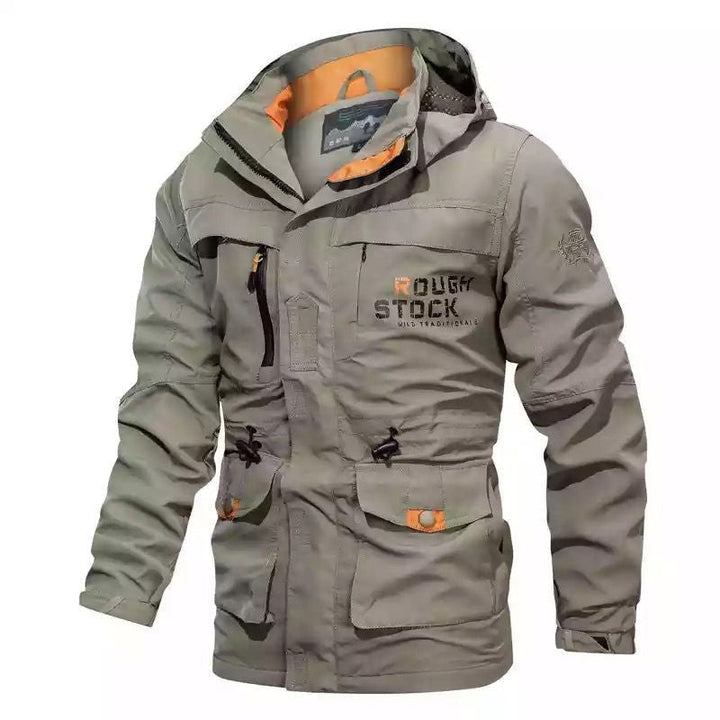 Męski solidny płótno field parka z kaptur, multifunction kieszenie i waist adjustment