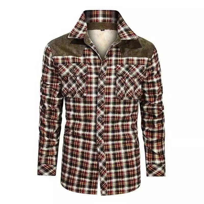 Męska krata flannel kurtka z teddy lwwg, velvet trim, i breast kieszeniami