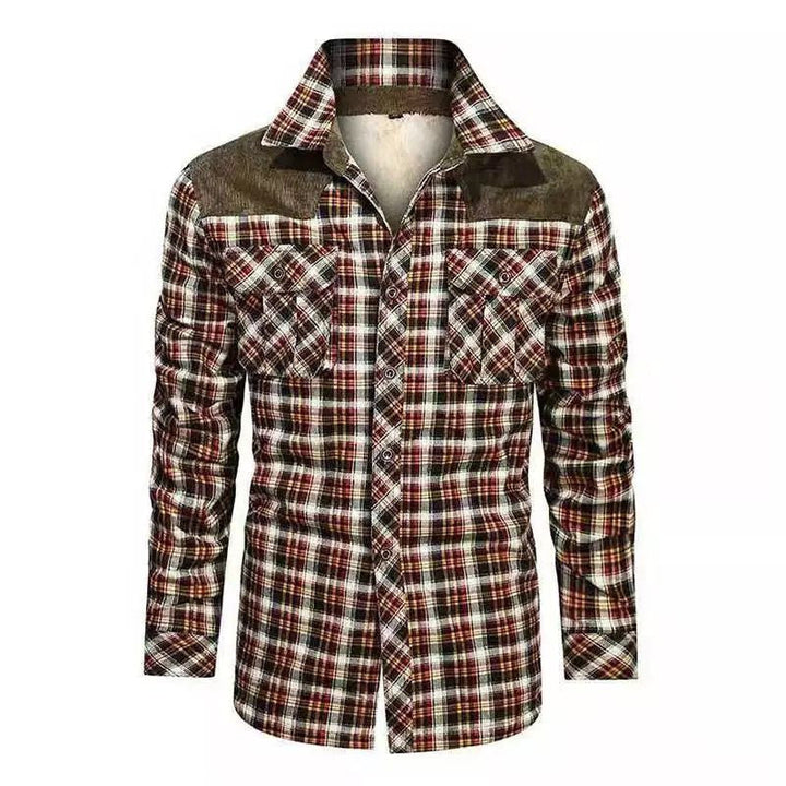 Męska krata flannel kurtka z teddy lwwg, velvet trim, i breast kieszeniami