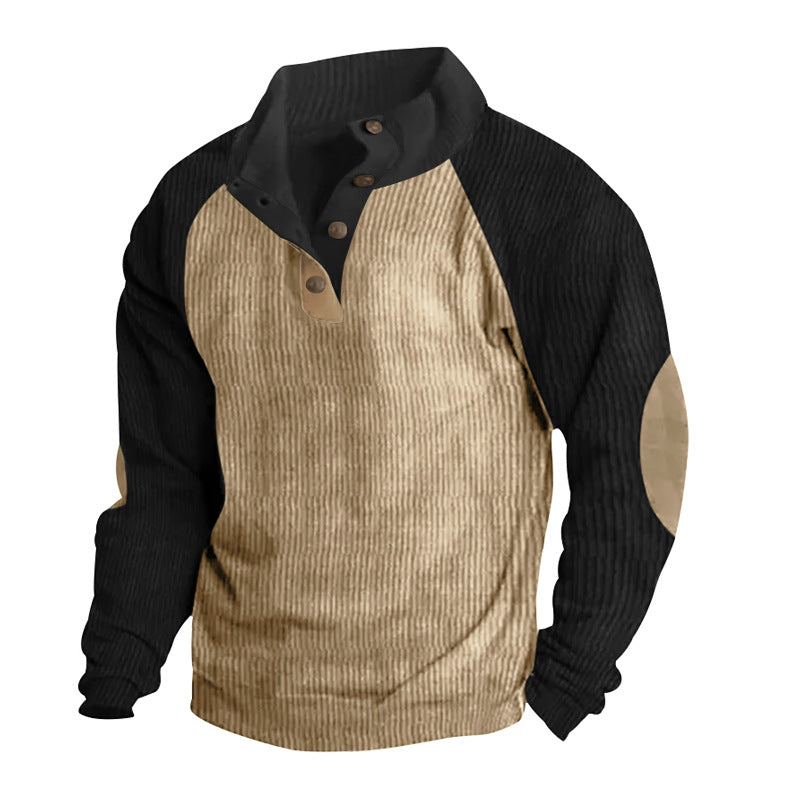 Męska termiczny cord pulower z Listwa guzikowa, stójka, raglanowy Rękawy, i elbow patches