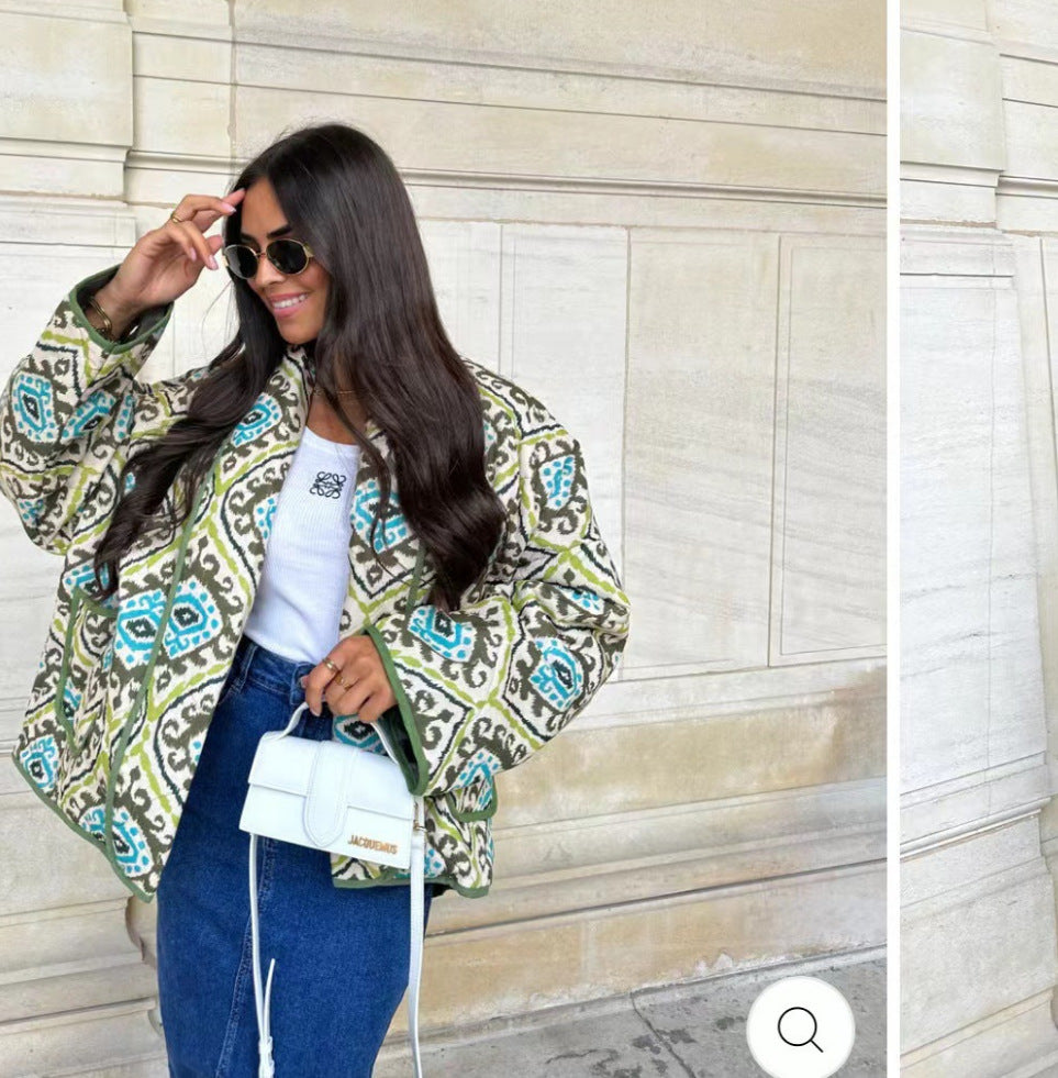 Damska pikowana kimono kurtka z Waist paskiem i Ethno Pattern