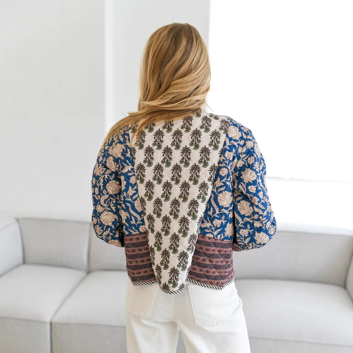 Damska pikowana krótka kurtka in Boho Patchwork styl z otwartym przodem Lumaza