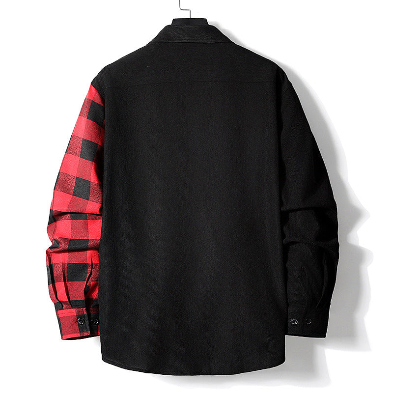 Męski Half-Split Koszula wierzchnia w Lumberjack Check z Kontrastowy Jednolity Side, Kieszeń na piersi, i Continuous Guzik Placket