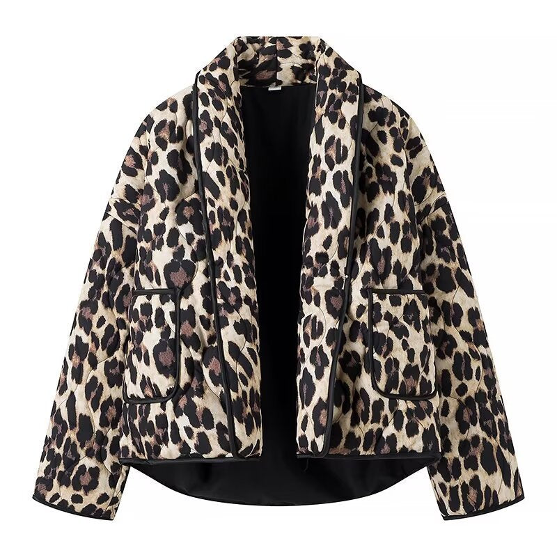 Damska ocieplana krótka kurtka in Leopard Print z Shawl kołnierzem i z naszywanymi kieszeniami Lumaza