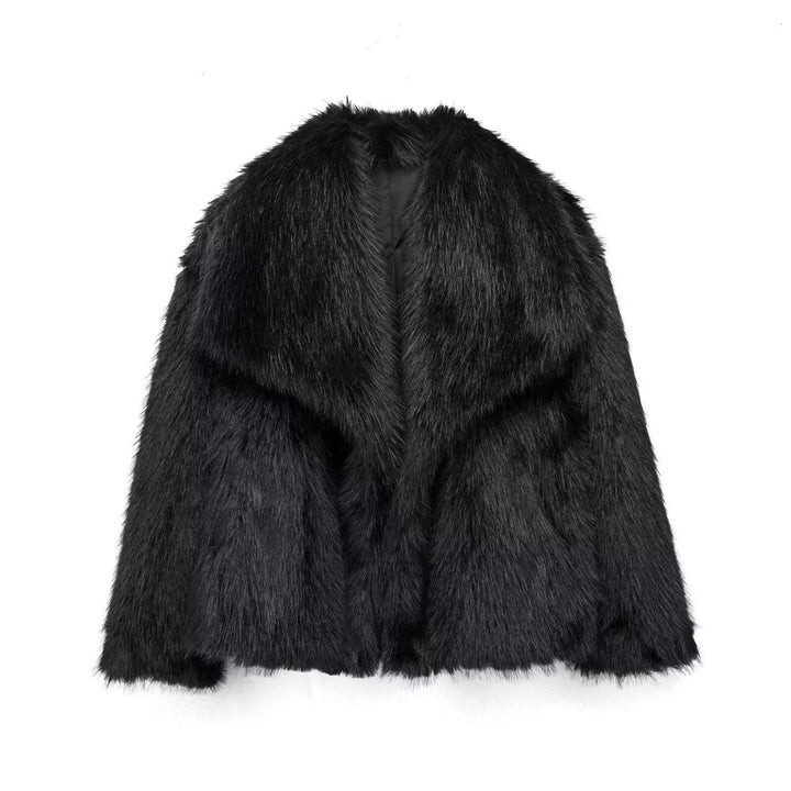 Damska krótka Faux Fur kurtka z Voluminous Shawl kołnierzem Lumaza