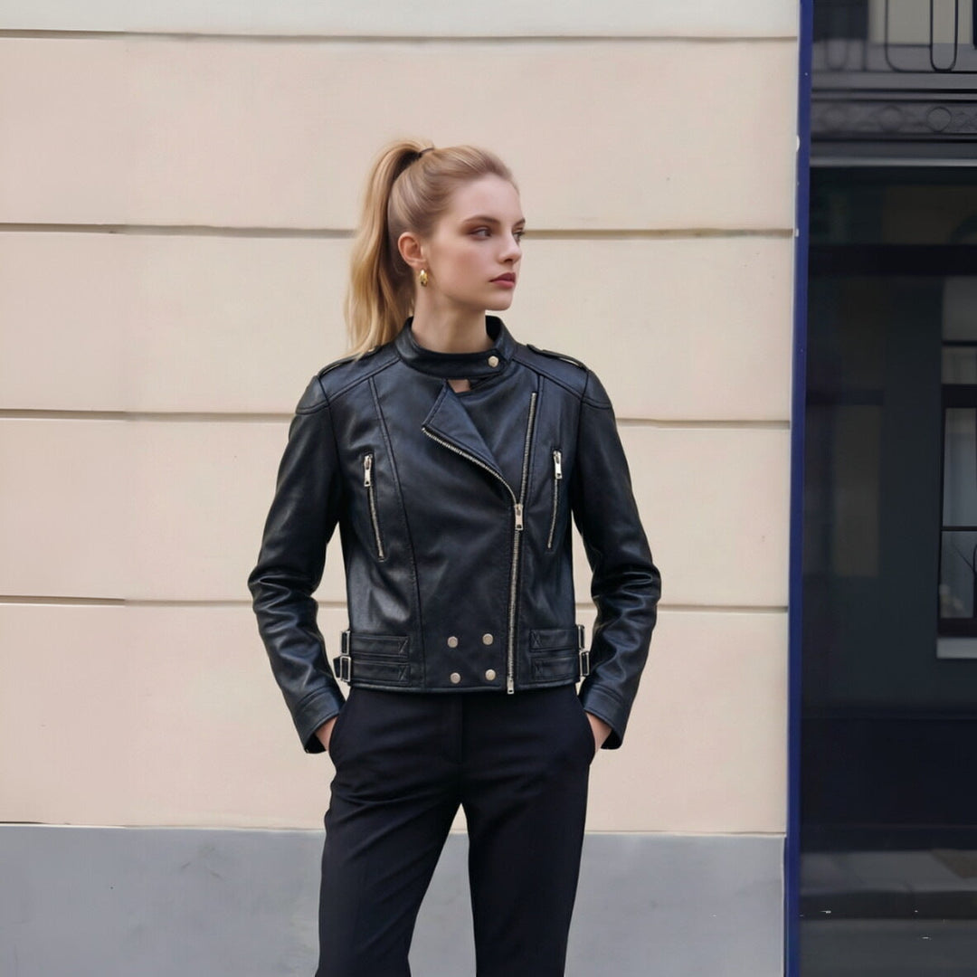 Damska krótka Biker kurtka made of imitacja skóry z ze stójką, Decorative Seams i podwójna Buckles Lumaza