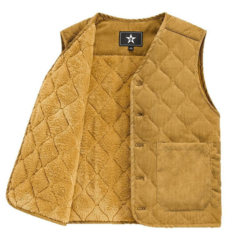 Męski sztruks kamizelka pikowana z V-neck, ocieplany stitching structure i naszywane kieszenie.