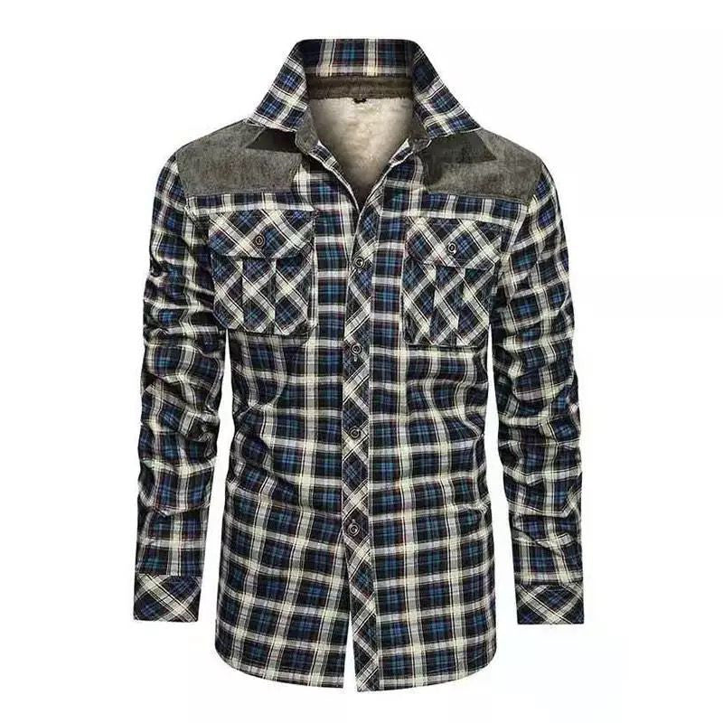 Męska krata flannel kurtka z teddy lwwg, velvet trim, i breast kieszeniami