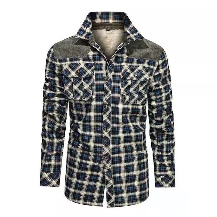 Męska krata flannel kurtka z teddy lwwg, velvet trim, i breast kieszeniami