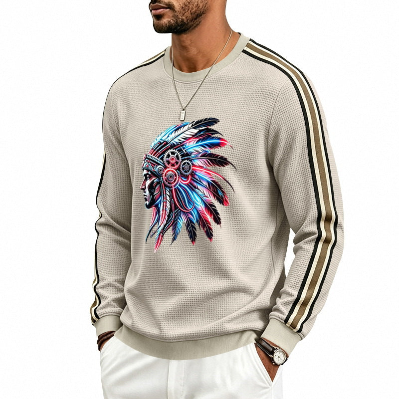Męska bluza z stylized headgear print i kontrastowy stripes na Rękawy