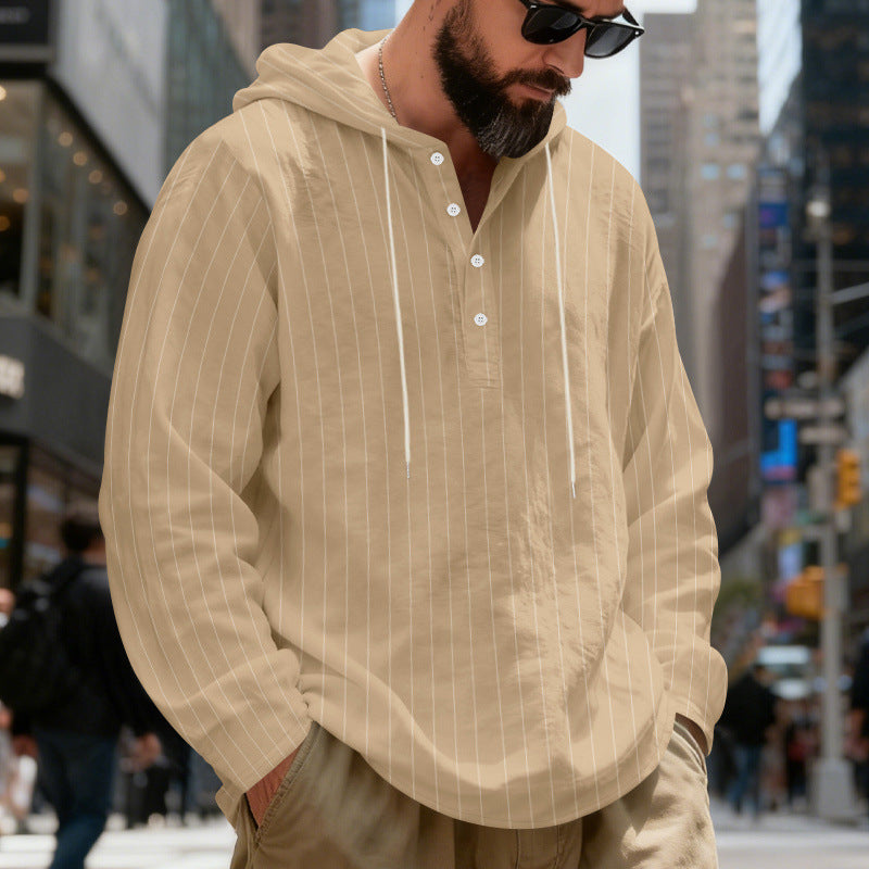 Męska Lekka Bluza z kapturem Henley Koszula z Delikatna Pinstripes