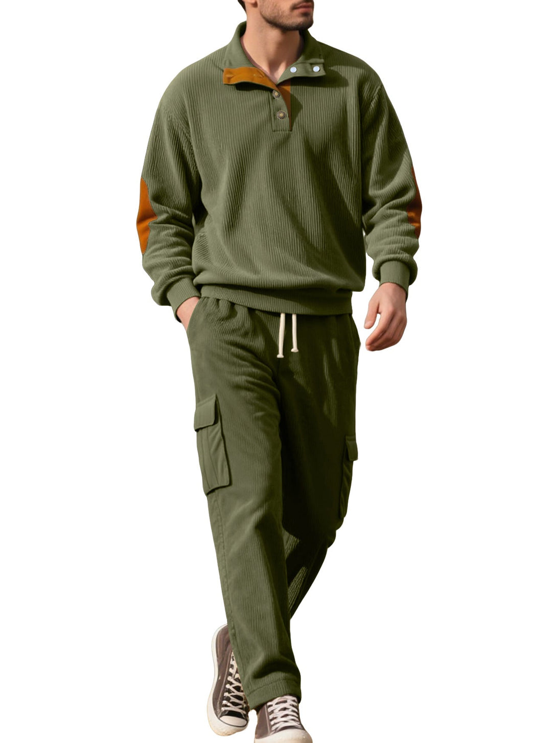 Męska strukturalny turtleneck pulower z Stójka, press stud listwa, i welur elbow patches