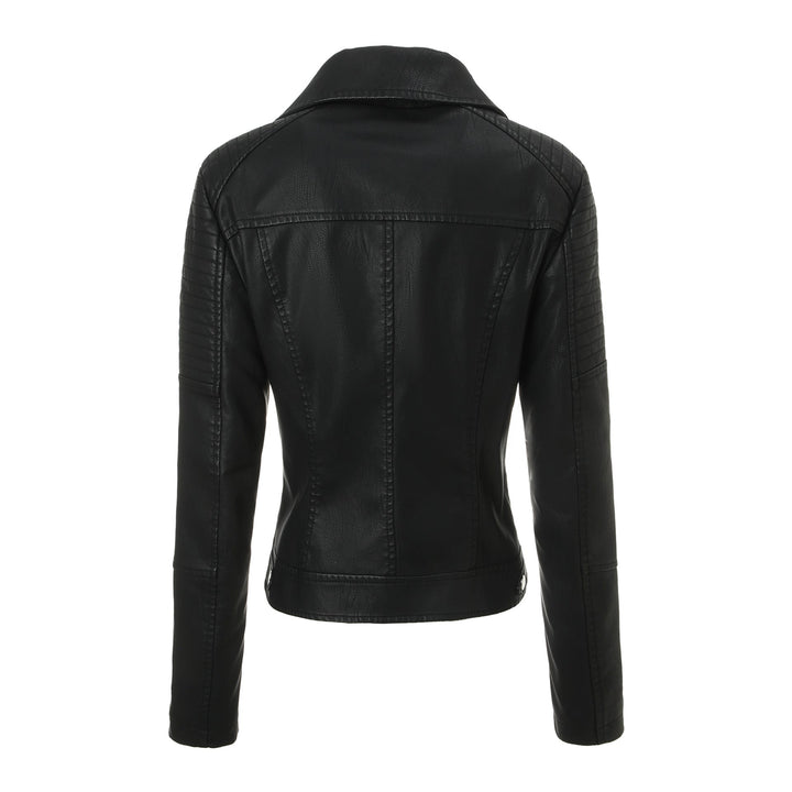 Damska taliowana Biker kurtka made of Leatherette z pikowana na ramiona Area i Asymmetrical zamkiem błyskawicznym Lumaza