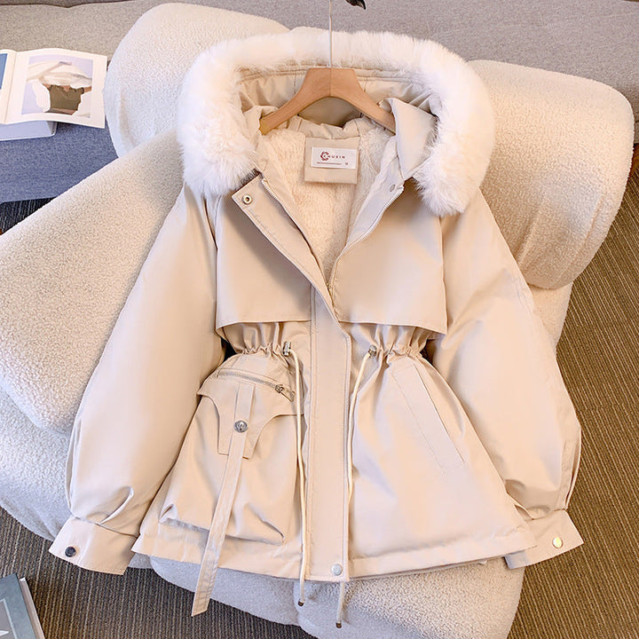 Damska krótka funkcjonalna parka z ściągaczem waist, detachable faux fur kołnierzem, i asymmetrical kieszeniami Lumaza