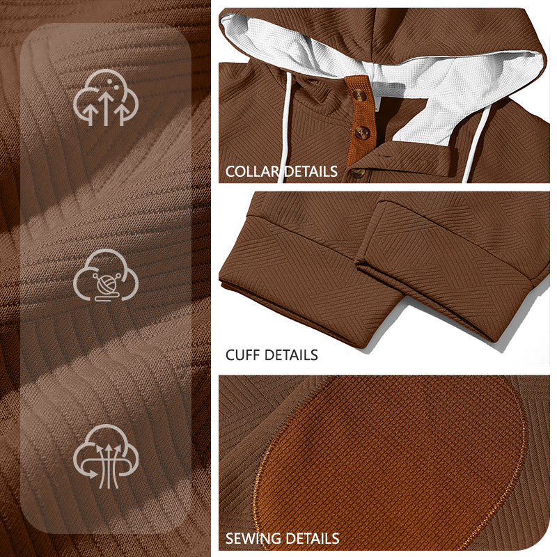 Męska waffle structure Henley bluza z kapturem set z wooden Listwa guzikowa elbow patches i tapered joggery