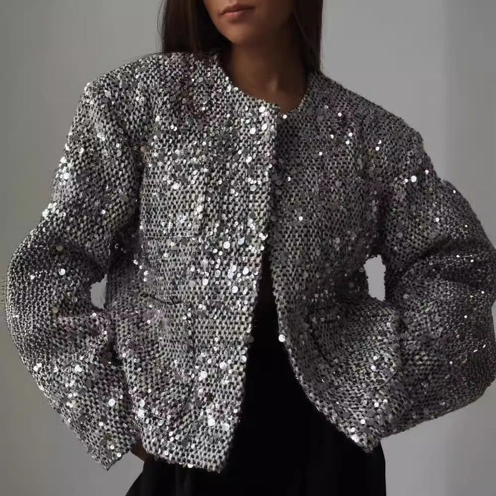 Damska krótka kurtka z sequin trim i bouclé structure Lumaza