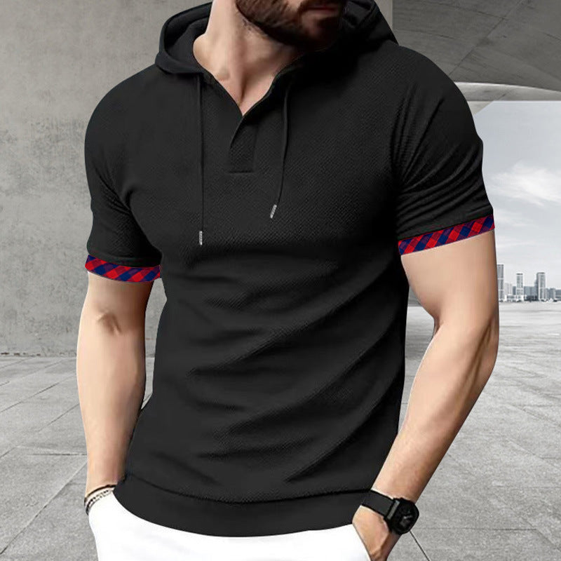 Męska dopasowany Krój krótka rękaw z kapturem koszula w polo Styl z Henley Dekolt i checkered rękaw cuff