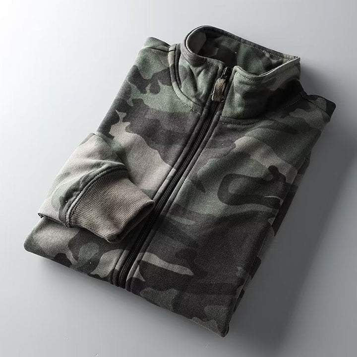 Męski Camouflage Bawełna Polar Zamek Kurtka z Stójka i Ribbed Mankiety