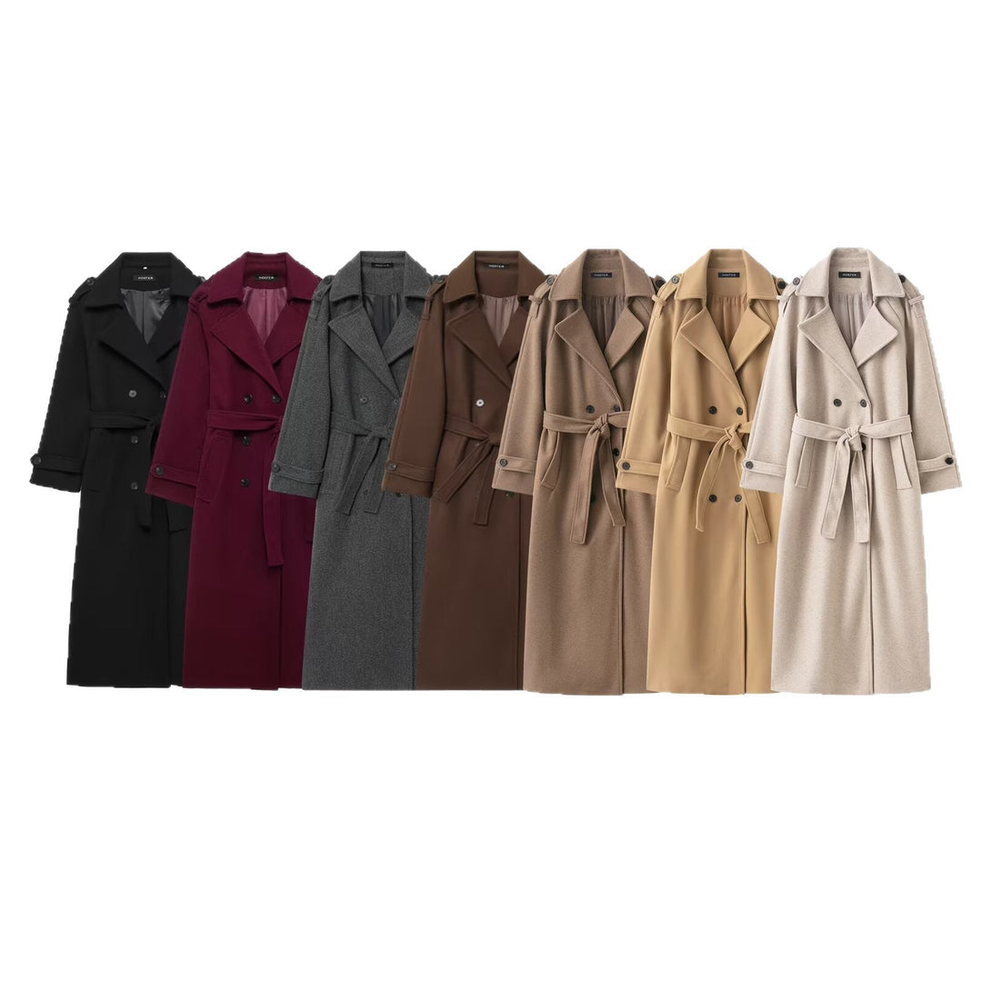 Damskie Długa Double-breasted Płaszcz trenczowy z Pasek i Shoulder Straps