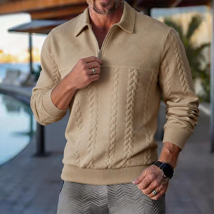 Męska strukturalny krótki zamek pulower z turtleneck, cable Wzór i finely prążkowane mankiety