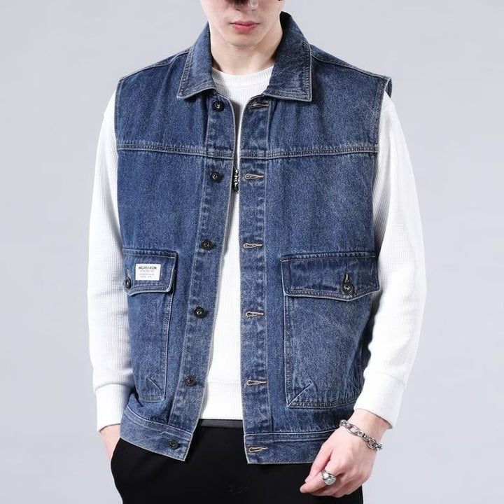 Męski Bez rękawów Jeans Roboczy Kamizelka z Flap Kieszenie i Boxy Krój