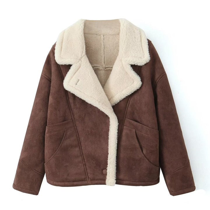 Damska oversize krótka kurtka in Suede Look z Teddy Lining i dużymi Lapel kołnierzem Lumaza