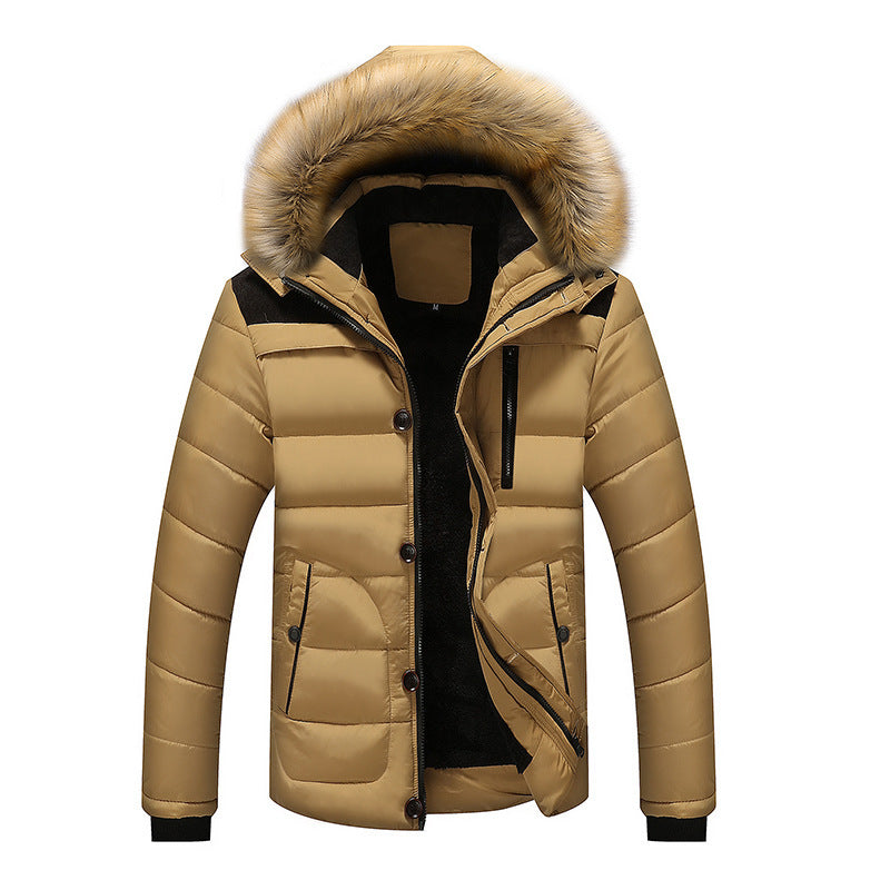 Męski termiczny pikowany parka z kaptur, imitacja futro trim i polar podszewka