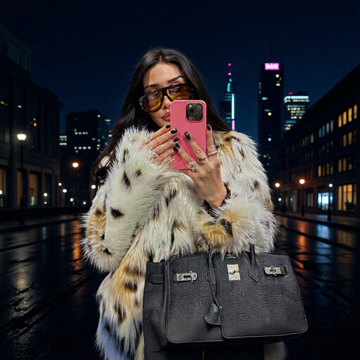Damska krótka pikowana Faux Fur kurtka z Leopard Spot Pattern i ze stójką Lumaza