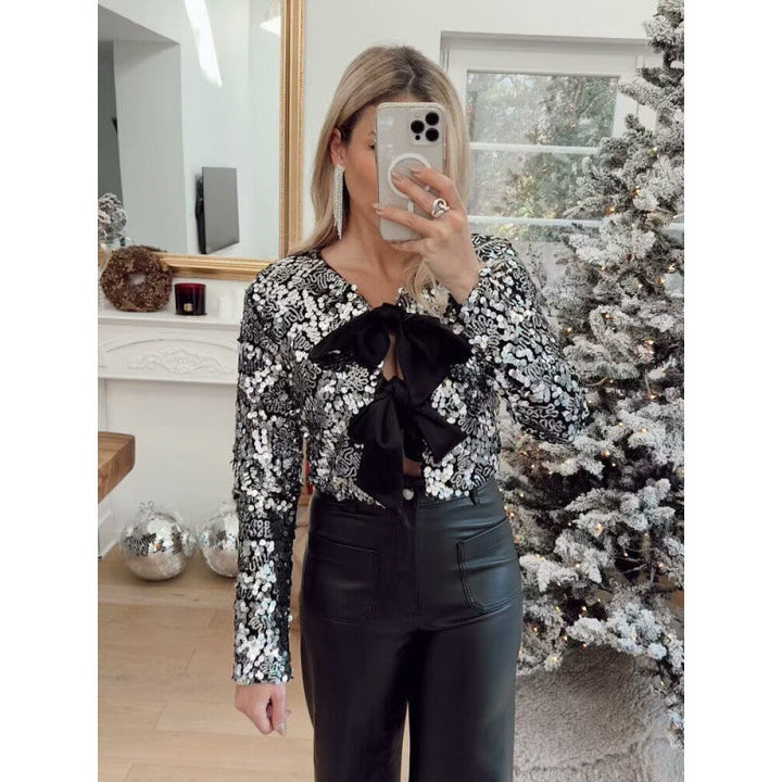 Damska krótka Sequin Bolero kurtka z Triple satynowa Bows i Lined Interior Lumaza