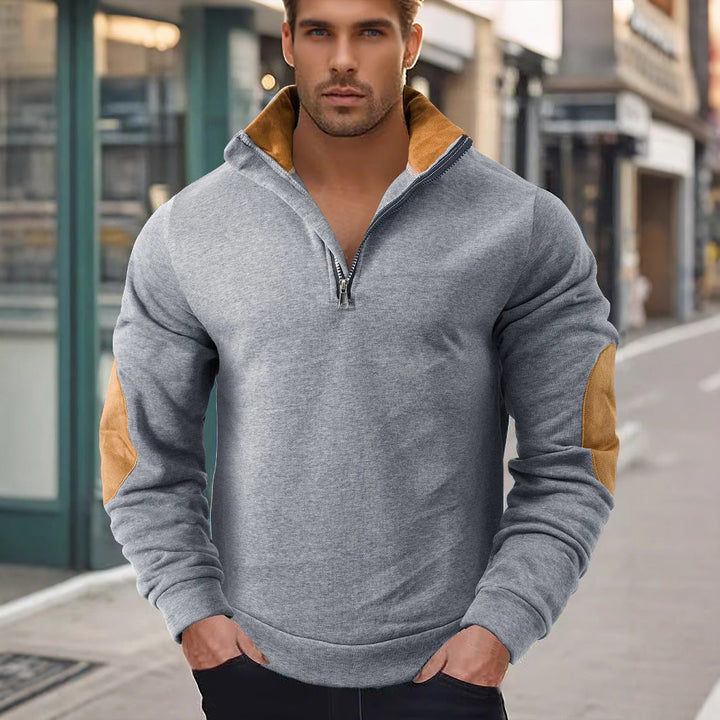 Męska krótka zamek stójka sweter z kontrastowy Kołnierz i zamsz elbow patches