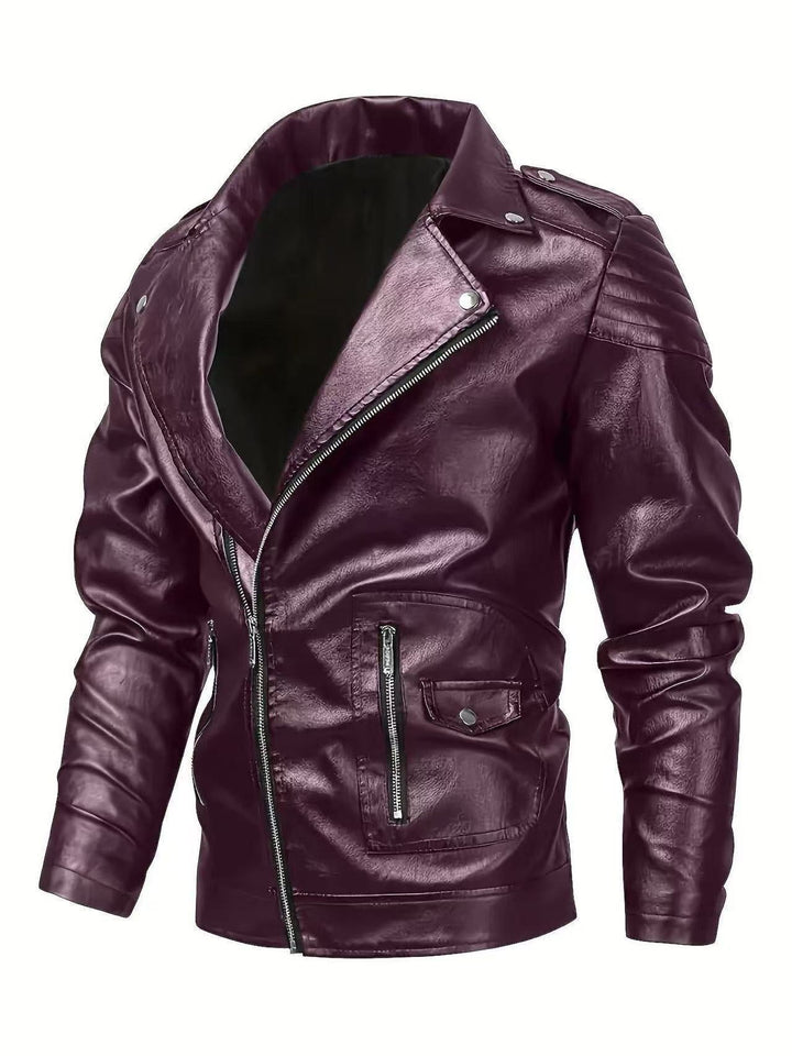 Męski biker kurtka wykonany z imitacja skóry z asymmetrical zamek i ocieplany ramienny inserts