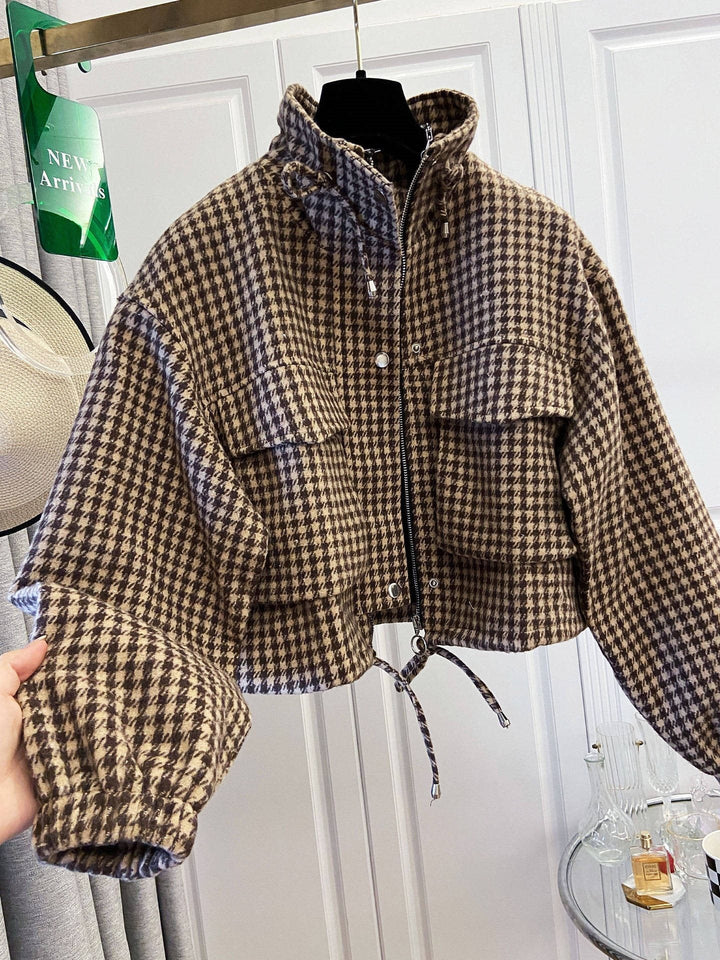 Damska Checkered krótka kurtka z stójka kołnierzem, ściągaczem i Elastic Cuffs Lumaza