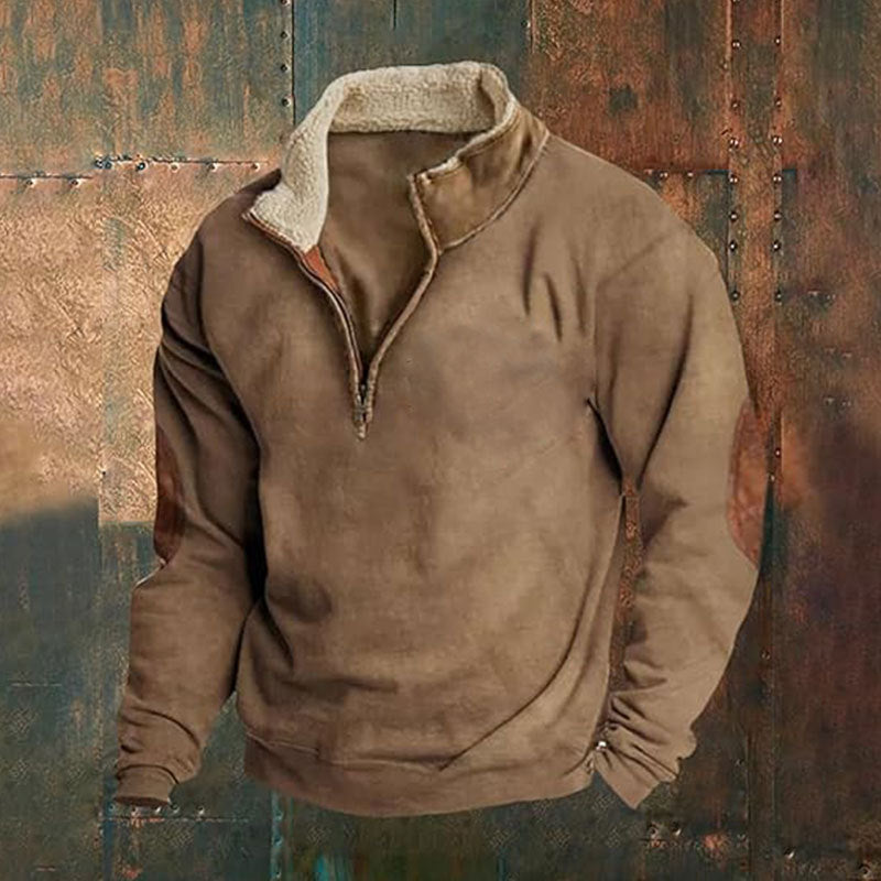 Męska Sherpa-lined krótki zamek pulower z Stójka i skóra elbow patches