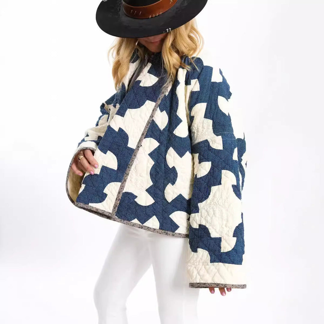 Damska pikowana oversize kurtka z Patchwork Pattern i Wide kimono rękawami Lumaza