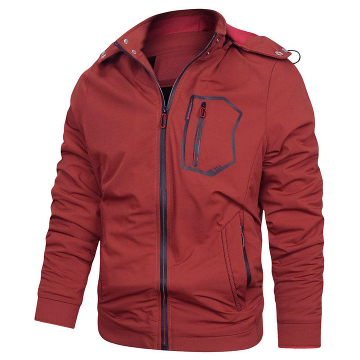 Męski softshell użytkowy kurtka z odpinany kaptur, wiatroszczelny membrana, i zippered kieszeń na piersi