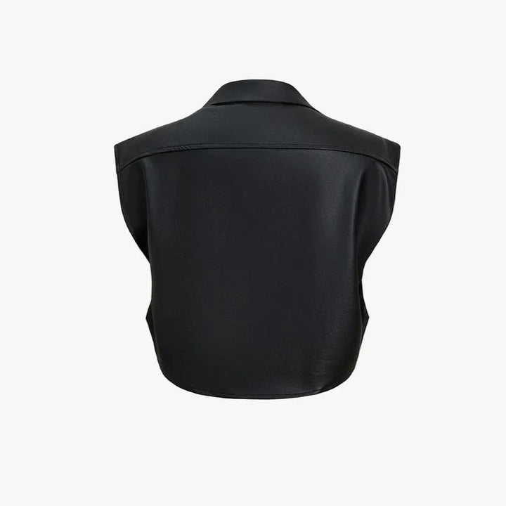 Damska krótka bez rękawów imitacja skóry kamizelka z oversize Shoulders Lumaza