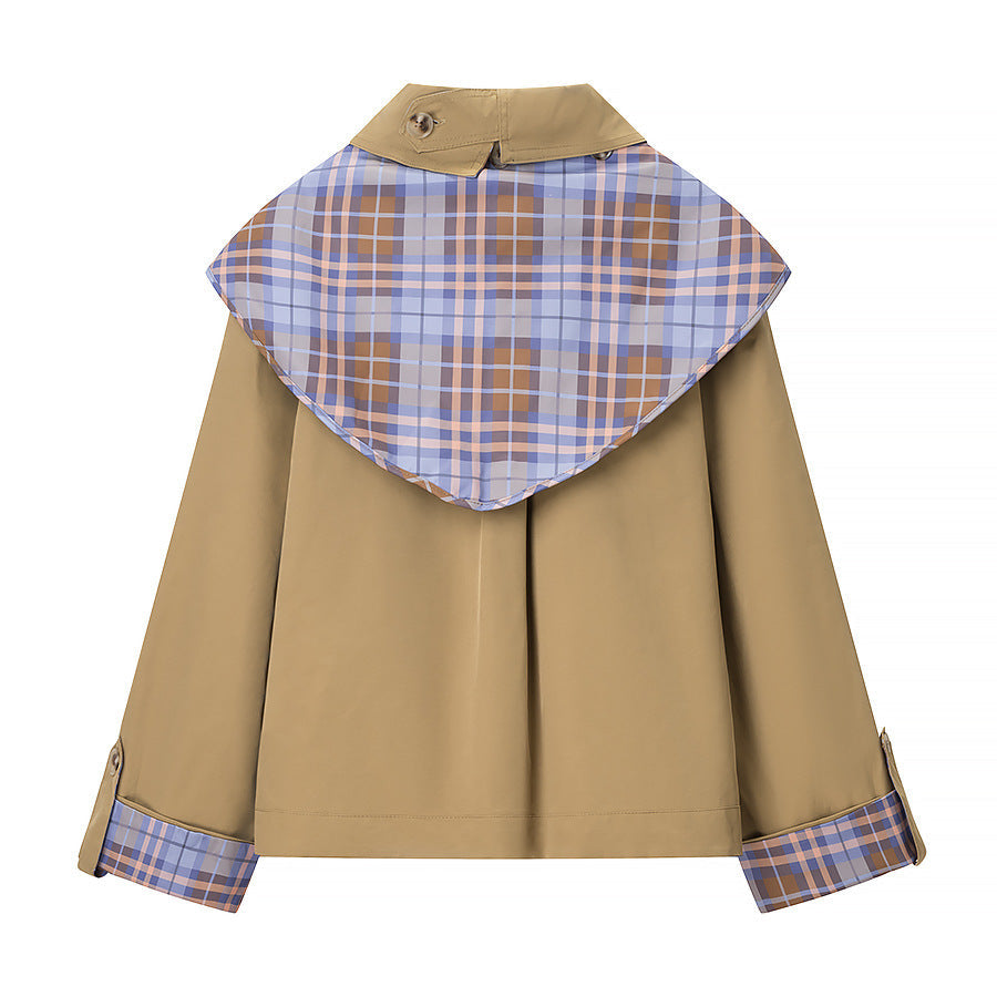 Damska krótka kurtka w trench-cape mieszanka z w kratę kołnierz szalowy bow