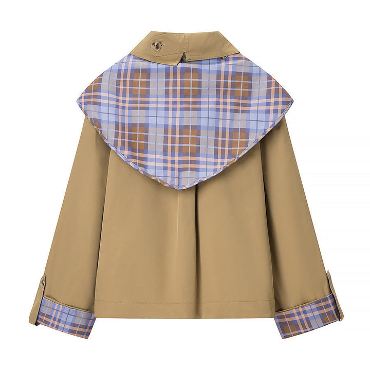 Damska krótka kurtka w trench-cape mieszanka z w kratę kołnierz szalowy bow
