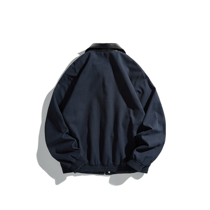 Męska krótki-cut blouson kurtka z imitacja skóra kołnierzem, zatrzask listwą guzikową, i elastycznymi mankietami