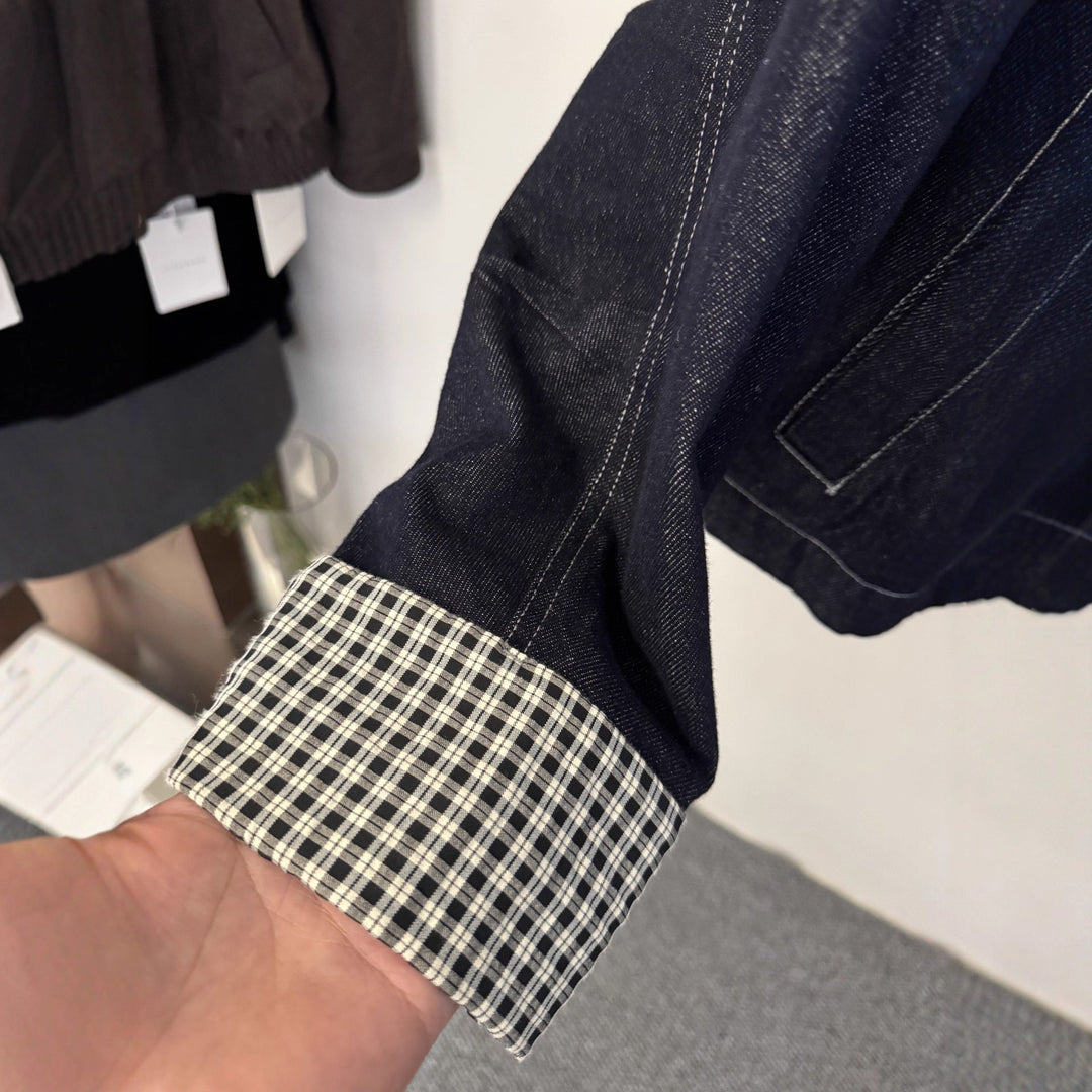 Damska krótka denimowa kurtka z Contrasting Check Cuffs Lumaza