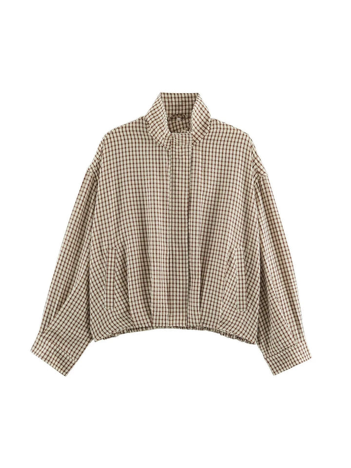 Damskie Oversize Checkered Bluzon Kurtka z Stójka