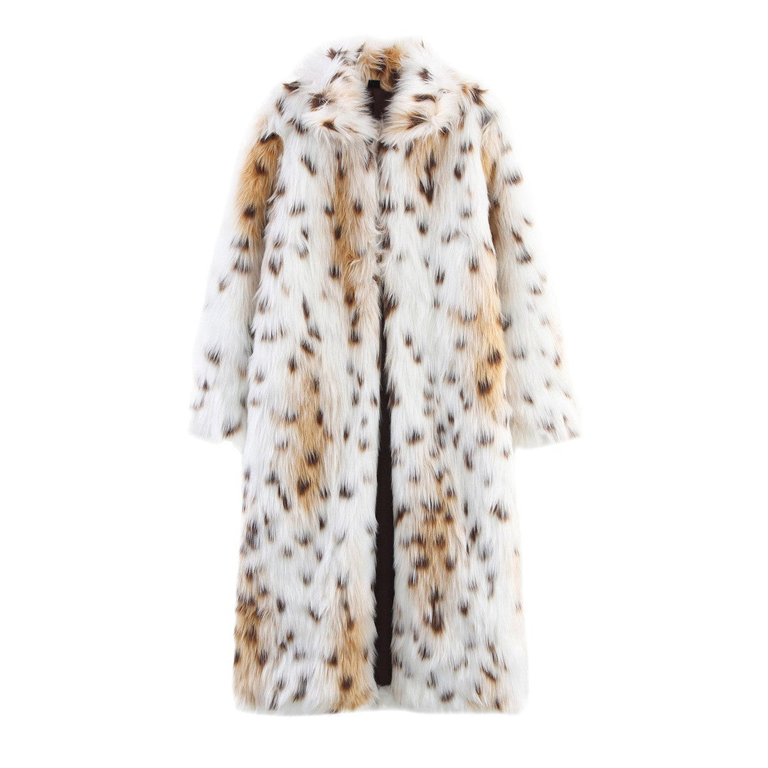 Damska Długa Oversize Sztuczne futro Płaszcz z Spotted Wildcat Print i Stójka